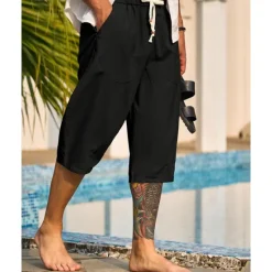 New OUKU Men's Capri Pants Linen Shorts Summer Shorts Beach Shorts Harem Pants Pocket Drawstring Elastic Waist Plain Comfort Breathable Calf-Length Vacation Holiday Beach Hawaiian Boho Black White