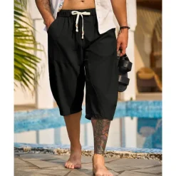 New OUKU Men's Capri Pants Linen Shorts Summer Shorts Beach Shorts Harem Pants Pocket Drawstring Elastic Waist Plain Comfort Breathable Calf-Length Vacation Holiday Beach Hawaiian Boho Black White