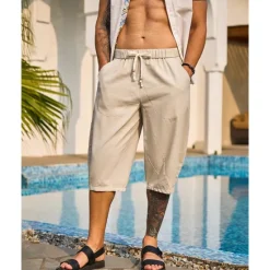 New OUKU Men's Capri Pants Linen Shorts Summer Shorts Beach Shorts Harem Pants Pocket Drawstring Elastic Waist Plain Comfort Breathable Calf-Length Vacation Holiday Beach Hawaiian Boho Black White