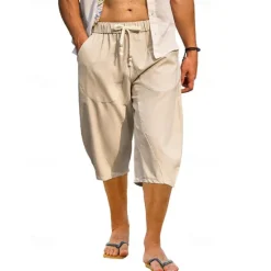 New OUKU Men's Capri Pants Linen Shorts Summer Shorts Beach Shorts Harem Pants Pocket Drawstring Elastic Waist Plain Comfort Breathable Calf-Length Vacation Holiday Beach Hawaiian Boho Black White