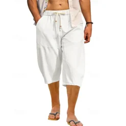 New OUKU Men's Capri Pants Linen Shorts Summer Shorts Beach Shorts Harem Pants Pocket Drawstring Elastic Waist Plain Comfort Breathable Calf-Length Vacation Holiday Beach Hawaiian Boho Black White