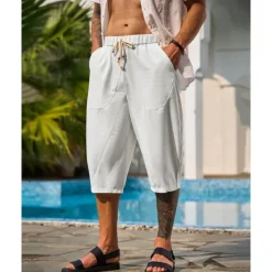 New OUKU Men's Capri Pants Linen Shorts Summer Shorts Beach Shorts Harem Pants Pocket Drawstring Elastic Waist Plain Comfort Breathable Calf-Length Vacation Holiday Beach Hawaiian Boho Black White