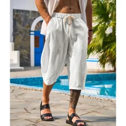 New OUKU Men's Capri Pants Linen Shorts Summer Shorts Beach Shorts Harem Pants Pocket Drawstring Elastic Waist Plain Comfort Breathable Calf-Length Vacation Holiday Beach Hawaiian Boho Black White
