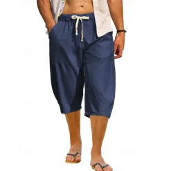 New OUKU Men's Capri Pants Linen Shorts Summer Shorts Beach Shorts Harem Pants Pocket Drawstring Elastic Waist Plain Comfort Breathable Calf-Length Vacation Holiday Beach Hawaiian Boho Black White