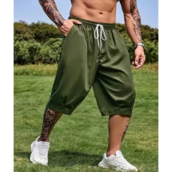 Sale OUKU Men's Capri Pants Summer Shorts Casual Shorts Pocket Drawstring Elastic Waist Plain Comfort Breathable Calf-Length Outdoor Vacation Sport Casual Black Army Green