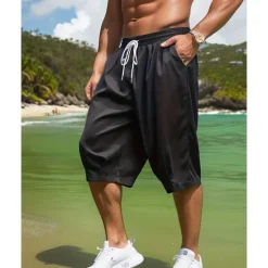 Sale OUKU Men's Capri Pants Summer Shorts Casual Shorts Pocket Drawstring Elastic Waist Plain Comfort Breathable Calf-Length Outdoor Vacation Sport Casual Black Army Green