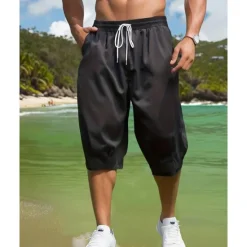 Sale OUKU Men's Capri Pants Summer Shorts Casual Shorts Pocket Drawstring Elastic Waist Plain Comfort Breathable Calf-Length Outdoor Vacation Sport Casual Black Army Green