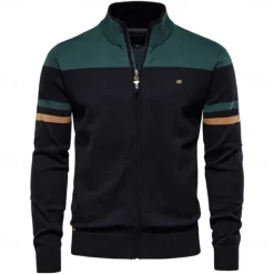 Outlet OUKU Men's Cardigan Sweater Cardigan Ribbed Knit Regular Tops Zipper Color Block Standing Collar Knitwear Neutral Outdoor Clothing Apparel Spring & Fall Black Blue S M L