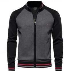 Online OUKU Men's Cardigan Sweater Cardigan Ribbed Knit Regular Tops Zipper Color Block Standing Collar Knitwear Neutral Outdoor Clothing Apparel Spring & Fall Black Navy Blue S M L