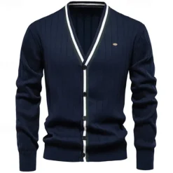Sale OUKU Men's Cardigan Sweater Cropped Sweater Knit Sweater Ribbed Knit Regular Patchwork Button-Down Color Block V Neck Fashion Classic Daily Wear Date Clothing Apparel Fall & Winter Black Navy Blue S M L