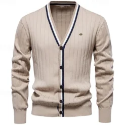 Sale OUKU Men's Cardigan Sweater Cropped Sweater Knit Sweater Ribbed Knit Regular Patchwork Button-Down Color Block V Neck Fashion Classic Daily Wear Date Clothing Apparel Fall & Winter Black Navy Blue S M L