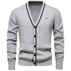 Hot OUKU Men's Cardigan Sweater Knit Button Up with White Trim Striped Deep V Knitwear Elegant School Training Clothing Apparel Bishop Sleeve Fall Winter Black Navy Blue S M L