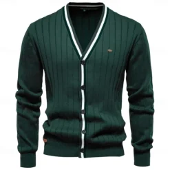 Hot OUKU Men's Cardigan Sweater Knit Button Up with White Trim Striped Deep V Knitwear Elegant School Training Clothing Apparel Bishop Sleeve Fall Winter Black Navy Blue S M L