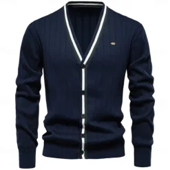 Hot OUKU Men's Cardigan Sweater Knit Button Up with White Trim Striped Deep V Knitwear Elegant School Training Clothing Apparel Bishop Sleeve Fall Winter Black Navy Blue S M L