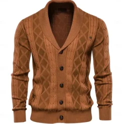 Sale OUKU Men's Cardigan Sweater Knit Patchwork Zipper Solid Color Rolled collar Knitwear Elegant School Training Clothing Apparel Fall Winter Red Brown Black S M L