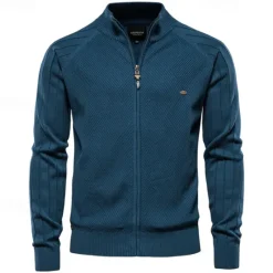 Hot OUKU Men's Cardigan Sweater Ribbed Cable Knit Zipper Jacquard Solid Color Turndown Knitwear Neutral Outdoor Causal Clothing Apparel T-shirt Sleeve Winter Spring & Fall Black Navy Blue S M L