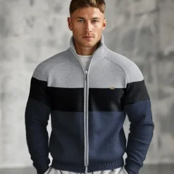 OUKU Men's Cardigan Sweater Zip Sweater Knit Patchwork Zipper Color Block Turtleneck Knitwear Elegant School Training Clothing Apparel Bishop Sleeve Fall Winter Navy Blue Royal Blue S M L