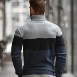 OUKU Men's Cardigan Sweater Zip Sweater Knit Patchwork Zipper Color Block Turtleneck Knitwear Elegant School Training Clothing Apparel Bishop Sleeve Fall Winter Navy Blue Royal Blue S M L