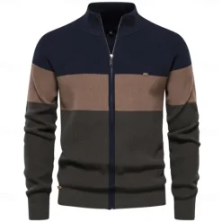 OUKU Men's Cardigan Sweater Zip Sweater Knit Patchwork Zipper Color Block Turtleneck Knitwear Elegant School Training Clothing Apparel Bishop Sleeve Fall Winter Navy Blue Royal Blue S M L