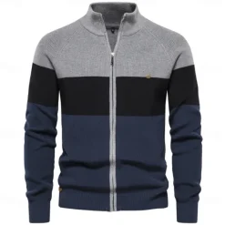 OUKU Men's Cardigan Sweater Zip Sweater Knit Patchwork Zipper Color Block Turtleneck Knitwear Elegant School Training Clothing Apparel Bishop Sleeve Fall Winter Navy Blue Royal Blue S M L