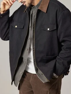 New OUKU Men's Cargo Jacket Transition Jacket Daily Windbreaker Pocket All Seasons Plain Work Lapel Regular Black Khaki Coffee Jacket
