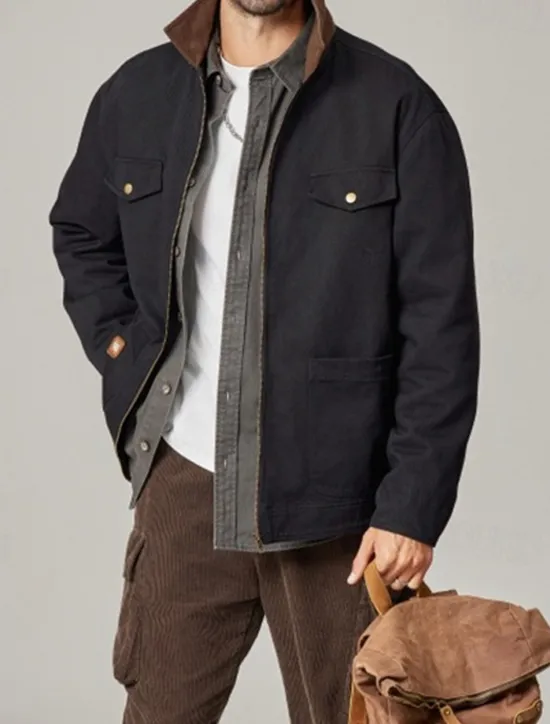 New OUKU Men's Cargo Jacket Transition Jacket Daily Windbreaker Pocket All Seasons Plain Work Lapel Regular Black Khaki Coffee Jacket