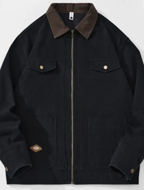 New OUKU Men's Cargo Jacket Transition Jacket Daily Windbreaker Pocket All Seasons Plain Work Lapel Regular Black Khaki Coffee Jacket