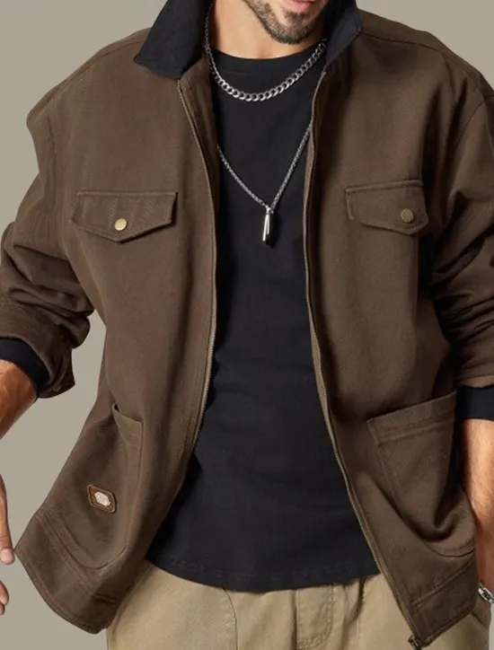New OUKU Men's Cargo Jacket Transition Jacket Daily Windbreaker Pocket All Seasons Plain Work Lapel Regular Black Khaki Coffee Jacket