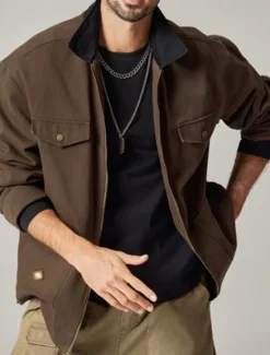 New OUKU Men's Cargo Jacket Transition Jacket Daily Windbreaker Pocket All Seasons Plain Work Lapel Regular Black Khaki Coffee Jacket