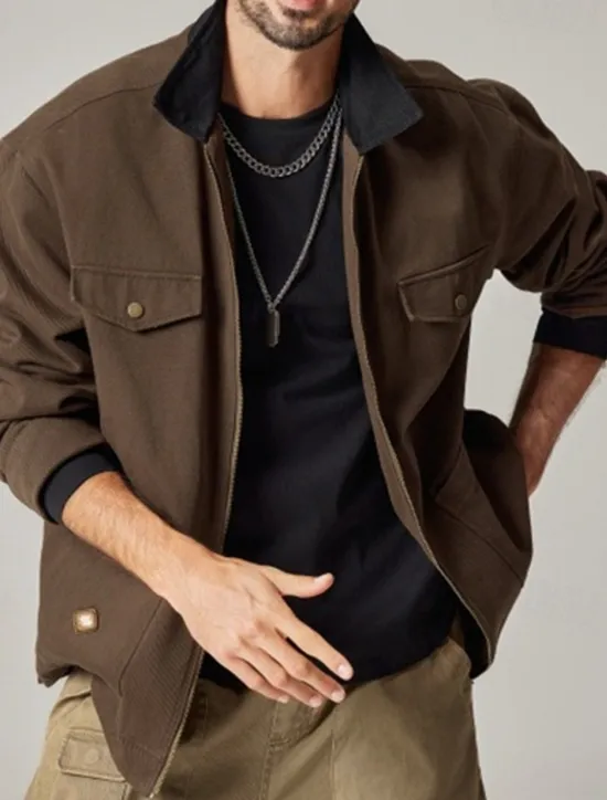 New OUKU Men's Cargo Jacket Transition Jacket Daily Windbreaker Pocket All Seasons Plain Work Lapel Regular Black Khaki Coffee Jacket