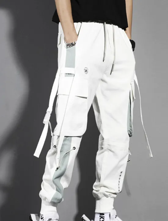 Clearance OUKU Men's Cargo Pants Cargo Trousers Joggers Trousers Cropped Pants Drawstring Elastic Waist Multi Pocket Color Block Comfort Wearable Casual Daily Holiday Sports Fashion Black White