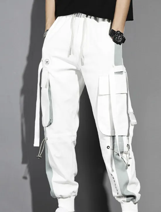 Clearance OUKU Men's Cargo Pants Cargo Trousers Joggers Trousers Cropped Pants Drawstring Elastic Waist Multi Pocket Color Block Comfort Wearable Casual Daily Holiday Sports Fashion Black White