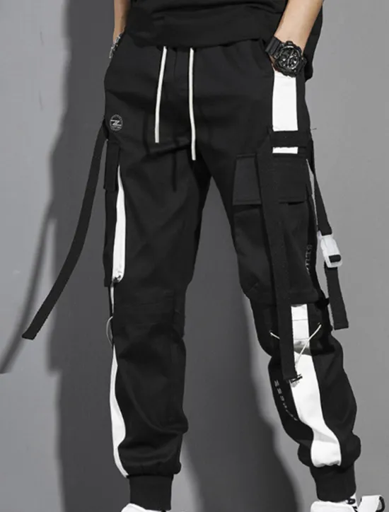 Clearance OUKU Men's Cargo Pants Cargo Trousers Joggers Trousers Cropped Pants Drawstring Elastic Waist Multi Pocket Color Block Comfort Wearable Casual Daily Holiday Sports Fashion Black White