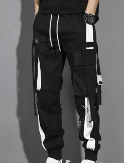 Clearance OUKU Men's Cargo Pants Cargo Trousers Joggers Trousers Cropped Pants Drawstring Elastic Waist Multi Pocket Color Block Comfort Wearable Casual Daily Holiday Sports Fashion Black White