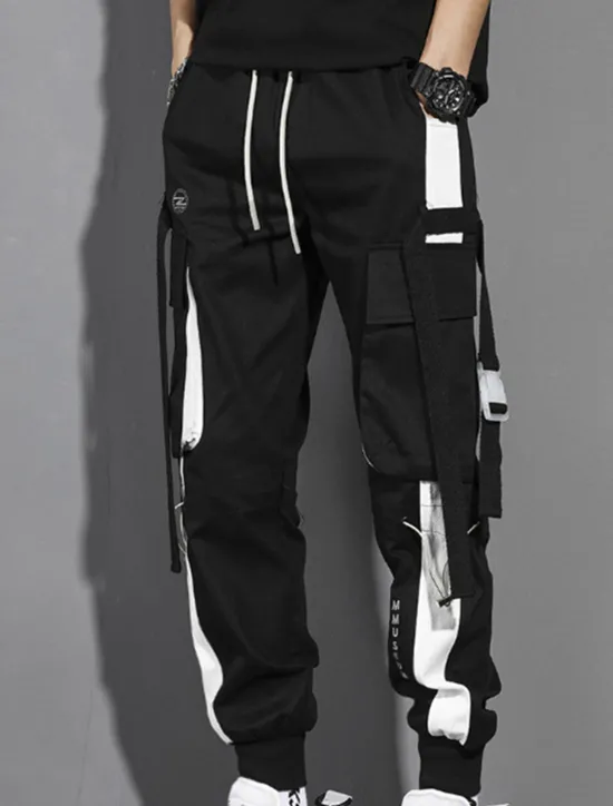 Clearance OUKU Men's Cargo Pants Cargo Trousers Joggers Trousers Cropped Pants Drawstring Elastic Waist Multi Pocket Color Block Comfort Wearable Casual Daily Holiday Sports Fashion Black White