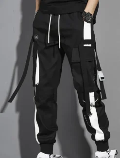 Clearance OUKU Men's Cargo Pants Cargo Trousers Joggers Trousers Cropped Pants Drawstring Elastic Waist Multi Pocket Color Block Comfort Wearable Casual Daily Holiday Sports Fashion Black White
