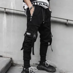 Online OUKU Men's Cargo Pants Cargo Trousers Joggers Trousers Harem Pants Elastic Waist Buckle Strap Plain Full Length Club Weekend Fashion Streetwear Loose Fit Black