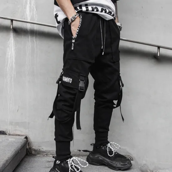 Online OUKU Men's Cargo Pants Cargo Trousers Joggers Trousers Harem Pants Elastic Waist Buckle Strap Plain Full Length Club Weekend Fashion Streetwear Loose Fit Black