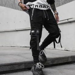 Online OUKU Men's Cargo Pants Cargo Trousers Joggers Trousers Harem Pants Elastic Waist Buckle Strap Plain Full Length Club Weekend Fashion Streetwear Loose Fit Black