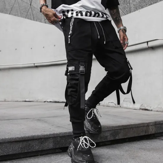 Online OUKU Men's Cargo Pants Cargo Trousers Joggers Trousers Harem Pants Elastic Waist Buckle Strap Plain Full Length Club Weekend Fashion Streetwear Loose Fit Black