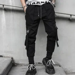 Online OUKU Men's Cargo Pants Cargo Trousers Joggers Trousers Harem Pants Elastic Waist Buckle Strap Plain Full Length Club Weekend Fashion Streetwear Loose Fit Black