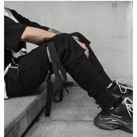 Online OUKU Men's Cargo Pants Cargo Trousers Joggers Trousers Harem Pants Elastic Waist Buckle Strap Plain Full Length Club Weekend Fashion Streetwear Loose Fit Black