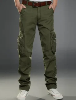 Hot OUKU Men's Cargo Pants Cargo Trousers Trousers Work Pants Multi Pocket Solid Color Plaid Comfort Breathable Full Length Formal Business Cotton 100% Cotton Casual Slim ArmyGreen Black Stretchy
