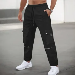 New OUKU Men's Cargo Pants Cargo Trousers Trousers Casual Pants Zipper Drawstring Elastic Waist Plain Comfort Soft Full Length Outdoor Daily Running Fashion Streetwear Black Brown