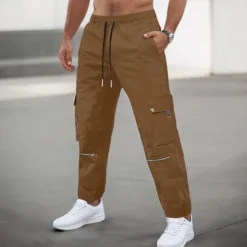 New OUKU Men's Cargo Pants Cargo Trousers Trousers Casual Pants Zipper Drawstring Elastic Waist Plain Comfort Soft Full Length Outdoor Daily Running Fashion Streetwear Black Brown