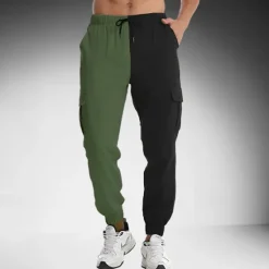 Sale OUKU Men's Cargo Pants Cargo Trousers Joggers Trousers Drawstring Elastic Waist Multi Pocket Color Block Comfort Soft Full Length Outdoor Daily Running Sports Fashion Green Khaki
