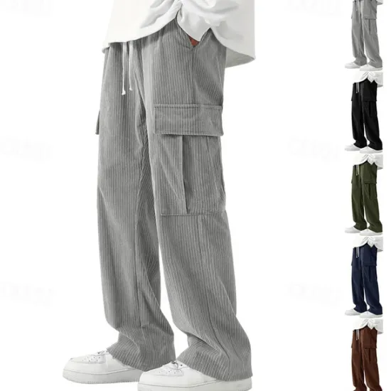 Sale OUKU Men's Cargo Pants Corduroy Pants Trousers Straight Leg Sweatpants Elastic Waist Drawstring Multi Pocket Plain Wearable Outdoor Daily Camping & Hiking Fashion Classic Black Army Green