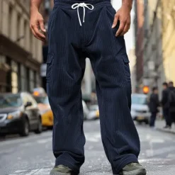OUKU Men's Cargo Pants Corduroy Pants Trousers Baggy Pants Casual Pants Pocket Elastic Waist Straight Leg Plain Comfort Soft Full Length Outdoor Daily Going out Fashion Streetwear Black Royal Blue