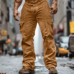 Online OUKU Men's Cargo Pants Corduroy Pants Trousers Casual Pants Pocket Elastic Waist Multi Pocket Plain Comfort Soft Full Length Outdoor Daily Going out Fashion Streetwear Black Brown Micro-elastic