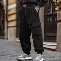 OUKU Men's Cargo Pants Corduroy Pants Trousers Jogger Pants Drawstring Elastic Waist Multi Pocket Plain Comfort Warm Full Length Outdoor Casual Daily Fashion Streetwear Black Blue